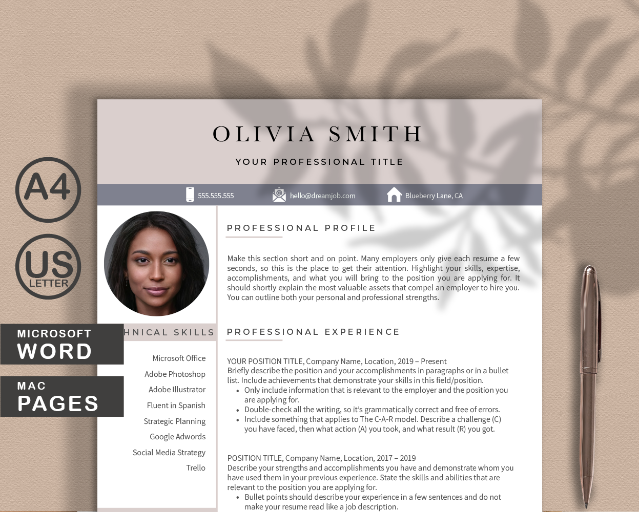 Olivia Smith Modern Resume CV template for WORDS and PAGES