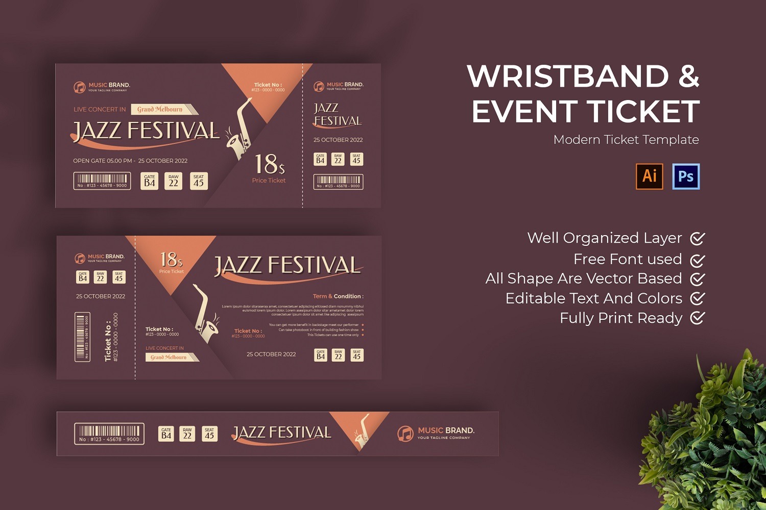 Jazz Festival Ticket Print Template 184647 TemplateMonster