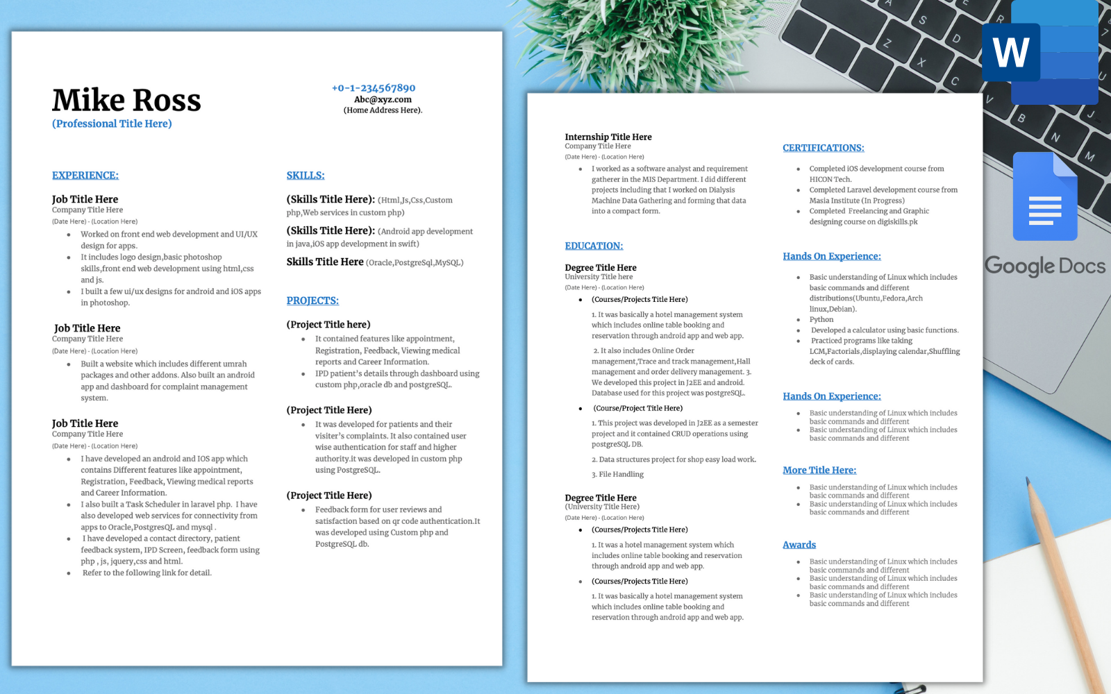 MS WORD and Google Docs Optimised Modern Resume Template