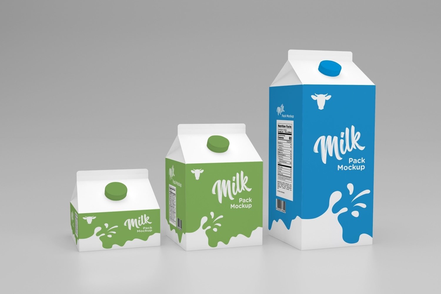 One Liter, Half Liter And 250ml Milk Pack Packaging Mockup Template