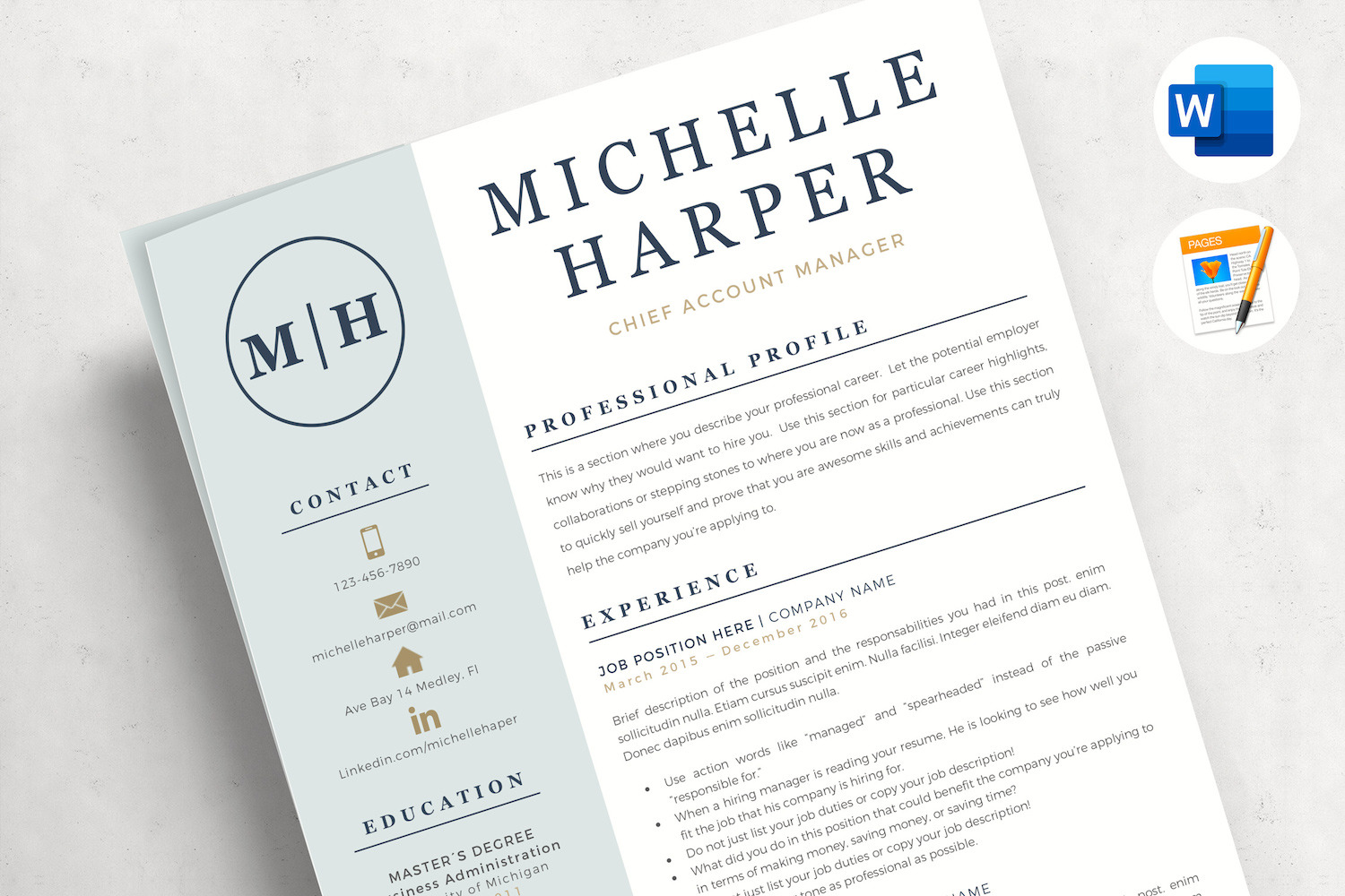 MICHELLE - Professional CV Template with Logo and Modern Cover Format ...