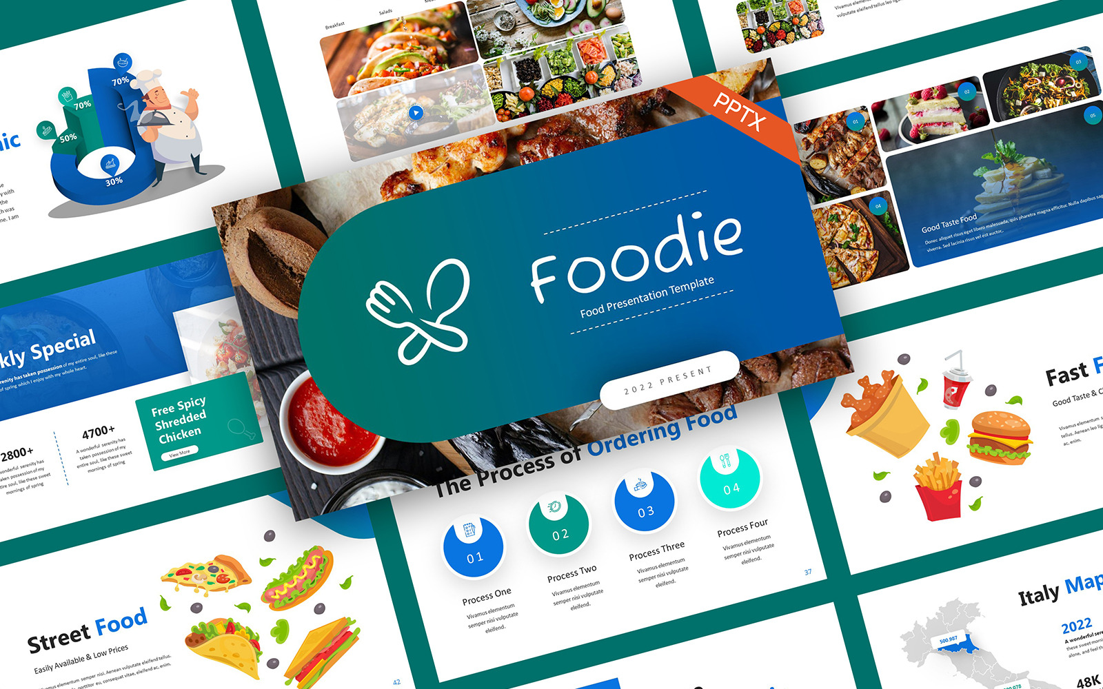 Foodie Blue Comida creativa Plantillas de Presentaciones PowerPoint