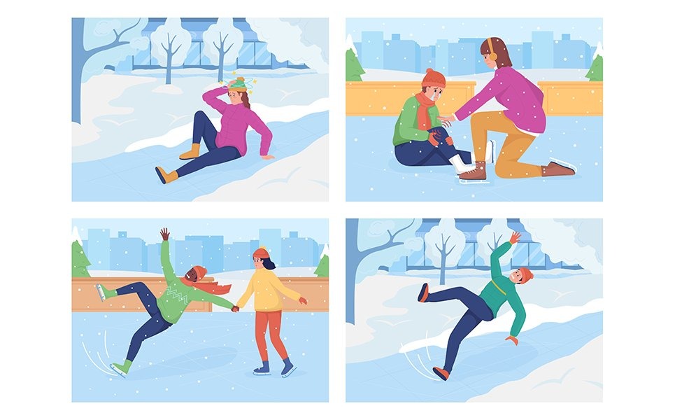 Slipping on ice flat color vector illustration set