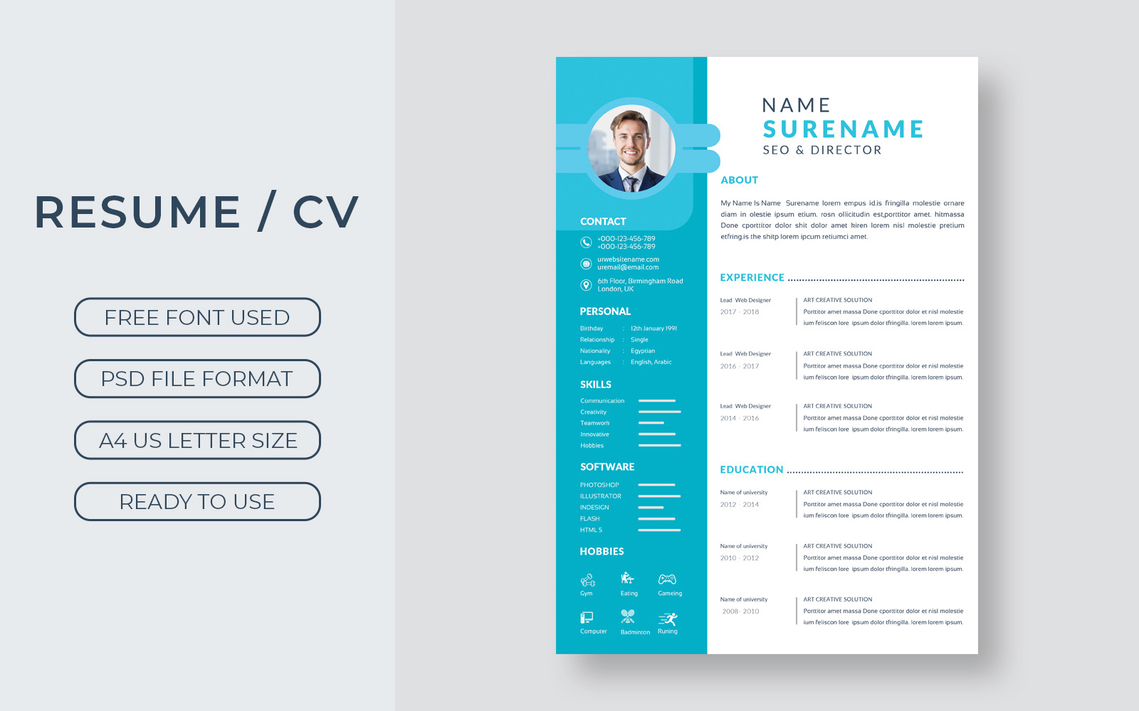 Layout CV curriculum professionale elegante - TemplateMonster
