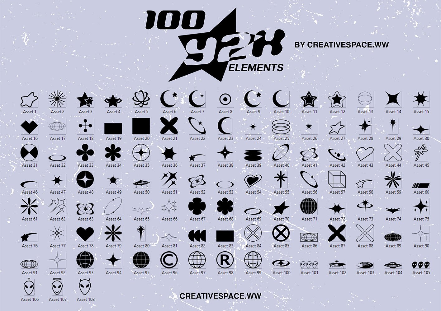 Y2K Aesthetic icons (100 assets for Logos, graphic design, Clothing)