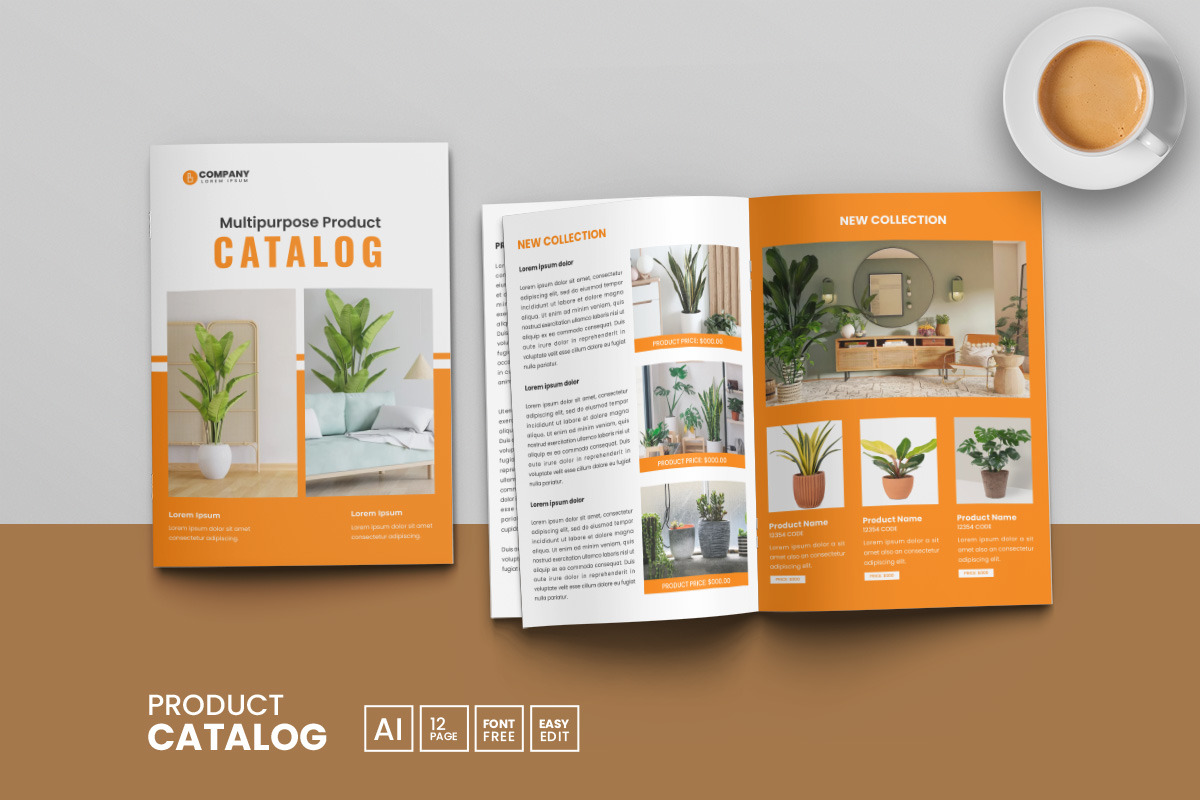 Product catalog template and catalogue layout design. Brochure, Company