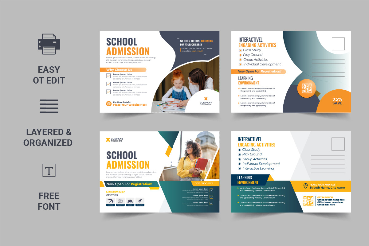 Modern school admission postcard template or Kids back to school ...