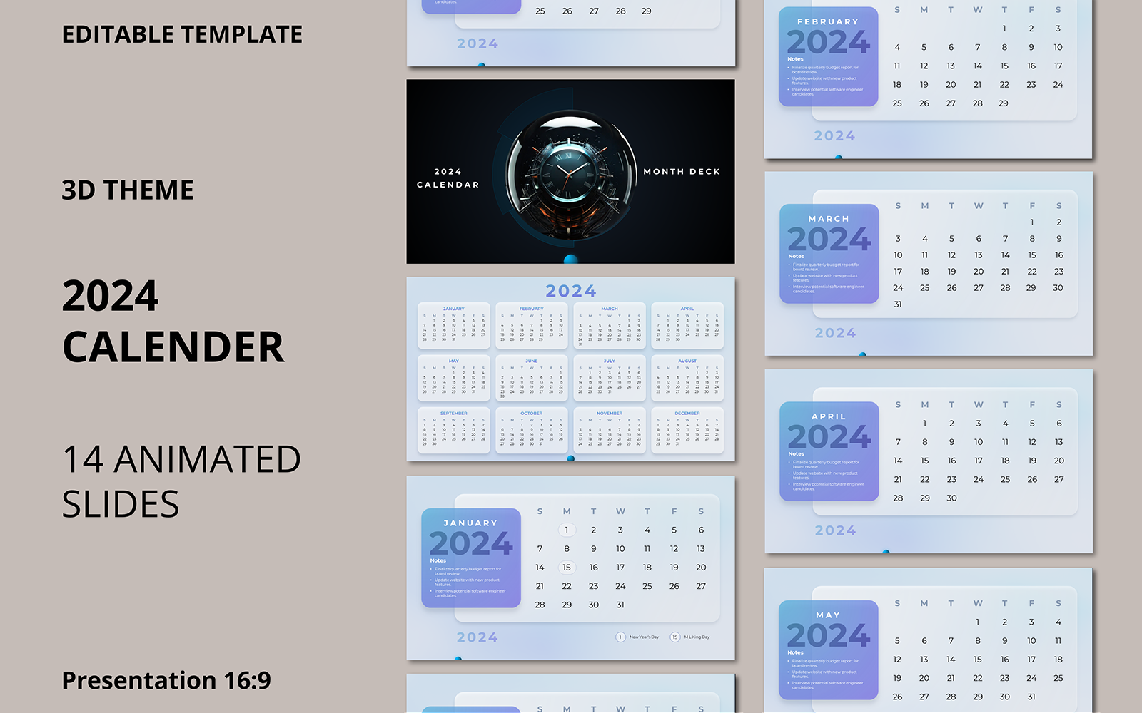 2024 Kalender Keynote Light 3DThema TemplateMonster