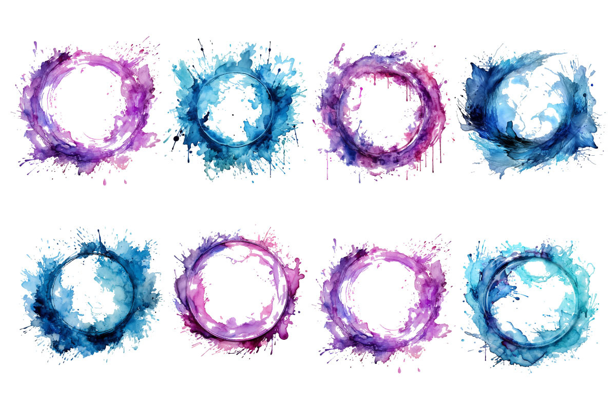 Colorful Watercolor Splash Circle Frame Set and Rainbow paint splash ...