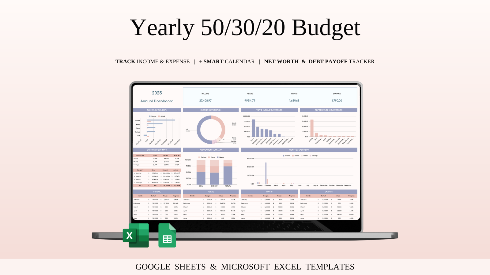Annual 50/30/20 Budget Spreadsheet Template for Excel and Google Sheets
