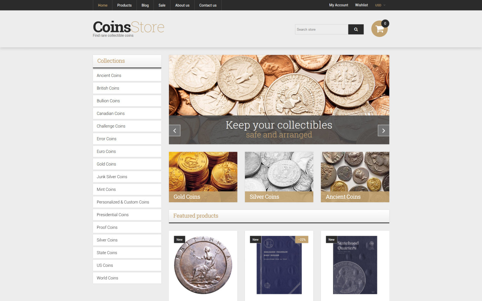 Collectible Coins & Supplies Shopify Theme TemplateMonster