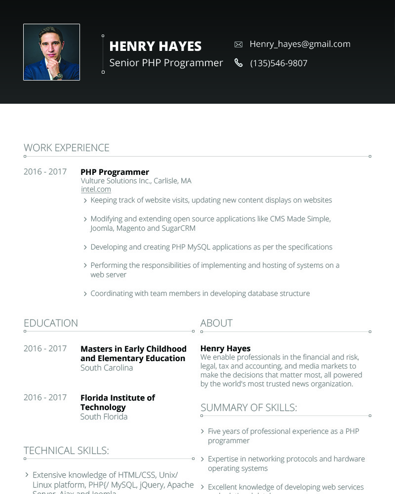 Генри Хейс - Шаблон резюме веб-разработчика - TemplateMonster