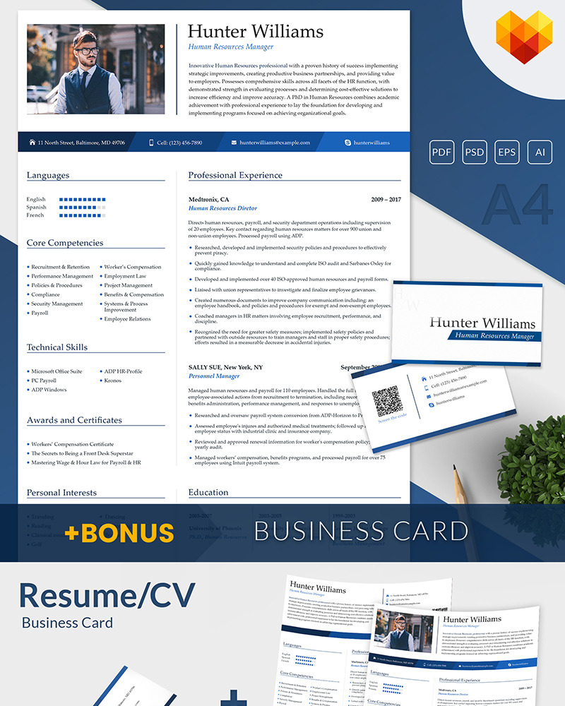 Хантер Уильямс - шаблон резюме менеджера по персоналу