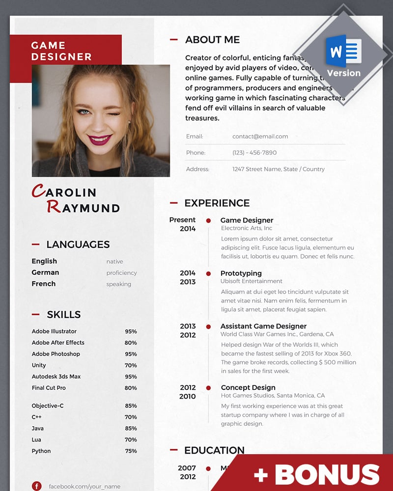 Carolin Raymund - Game Designer Resume Template