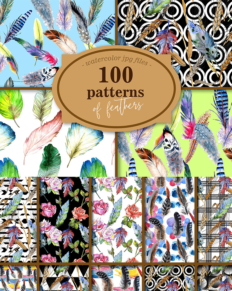 100 Patterns of Feather JPG Watercolor Set - Illustration
