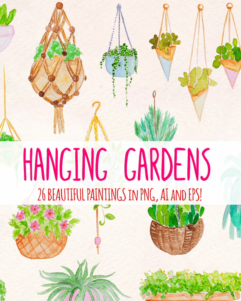 26 Hanging Pot Plants and Garden Illustration