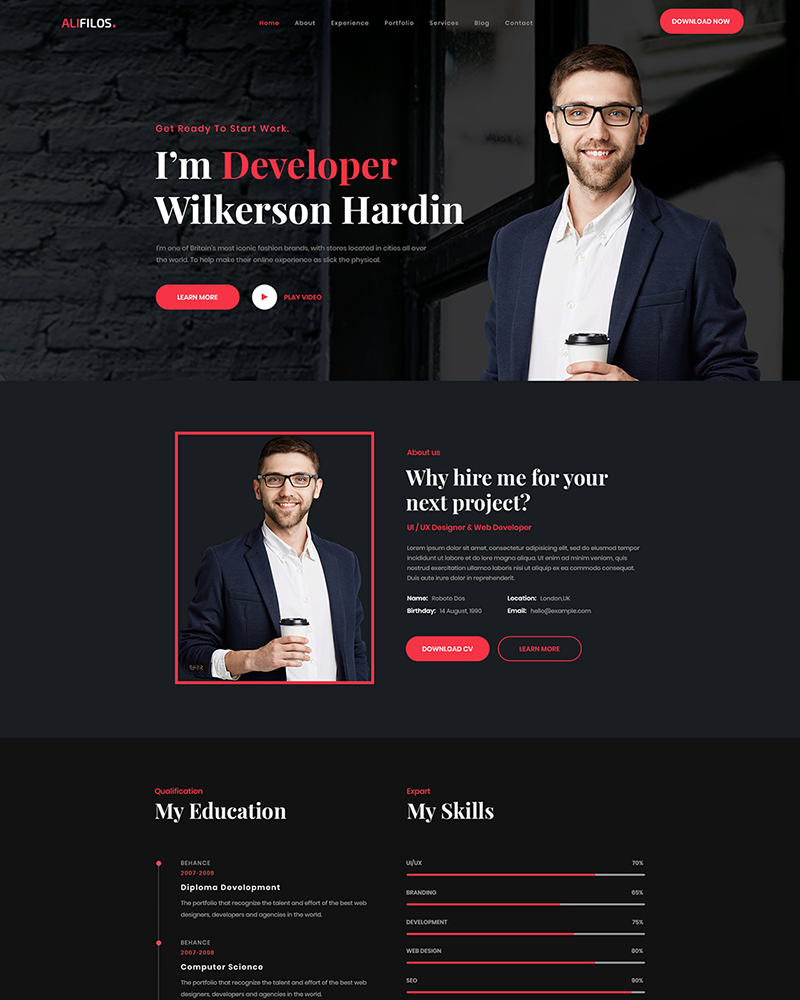 Alifilos One Page Portfolio PSD Template - TemplateMonster