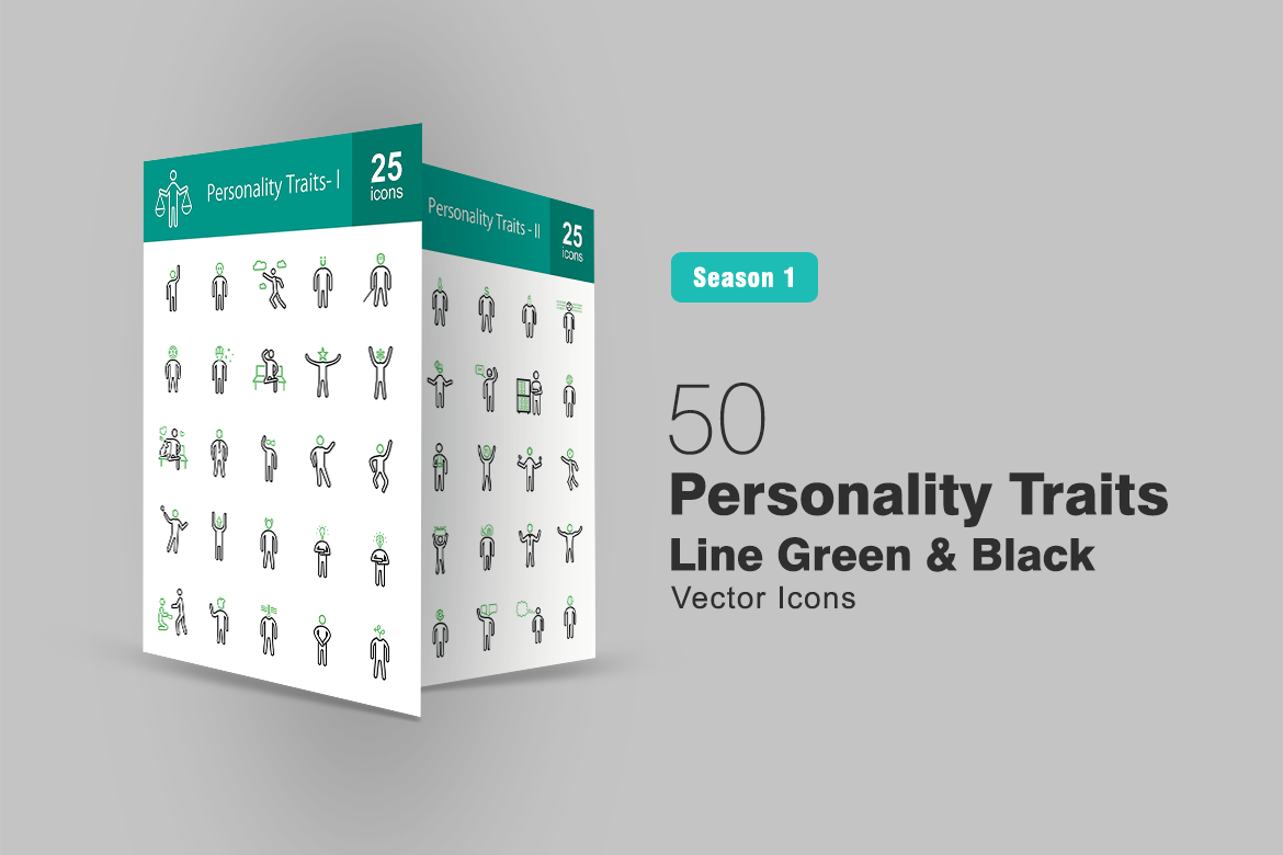 50 Personality Traits Line Green & Black Icon Set