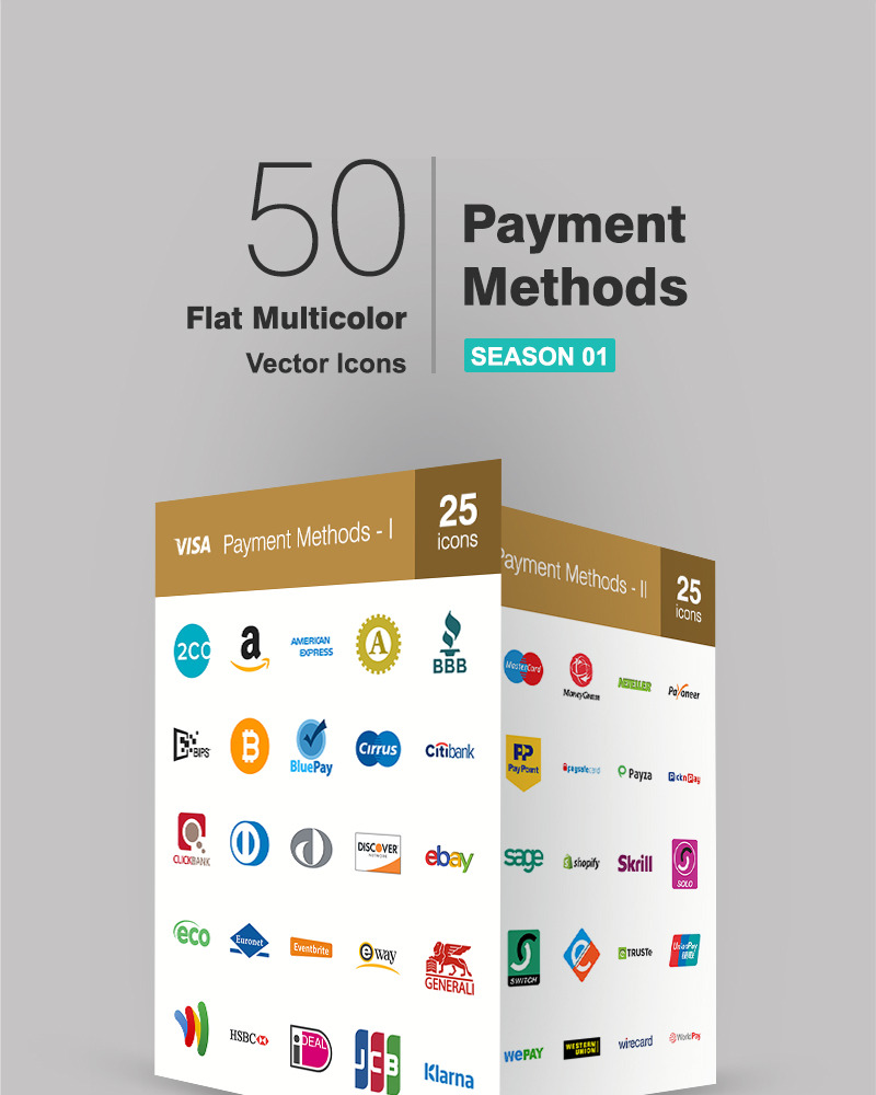 50 Payment Methods Flat Multicolor Icon Set - TemplateMonster