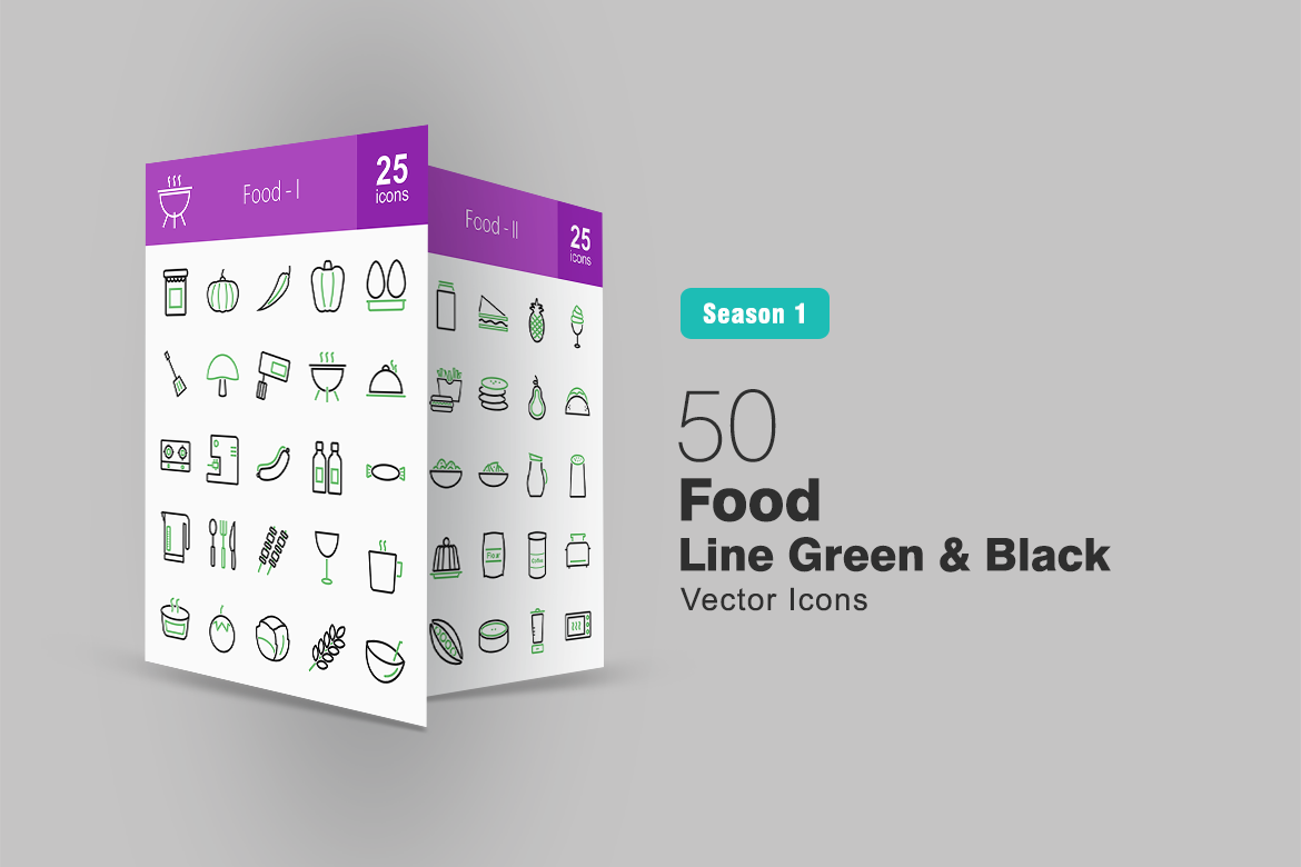 50 Food Line Green & Black Icon Set #92819 - TemplateMonster