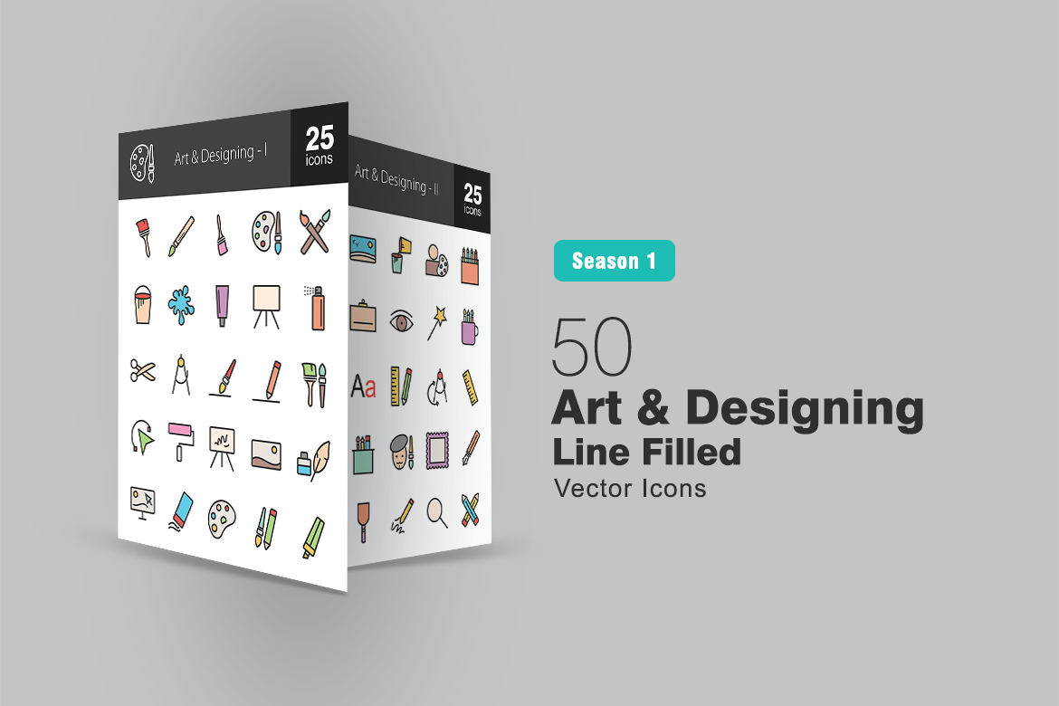 50 Art & Designing Filled Line Icon Set - TemplateMonster