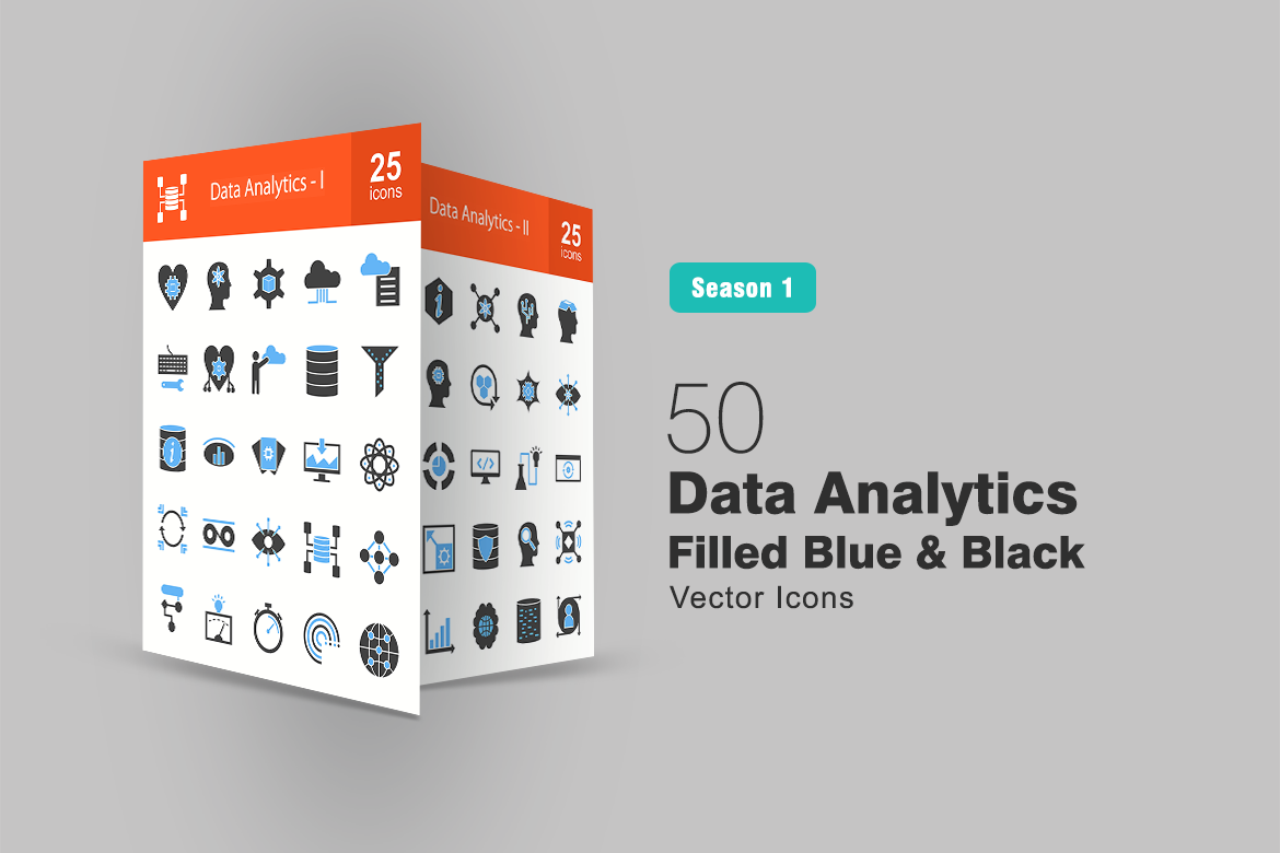 50 Data Analytics Filled Blue & Black Icon Set