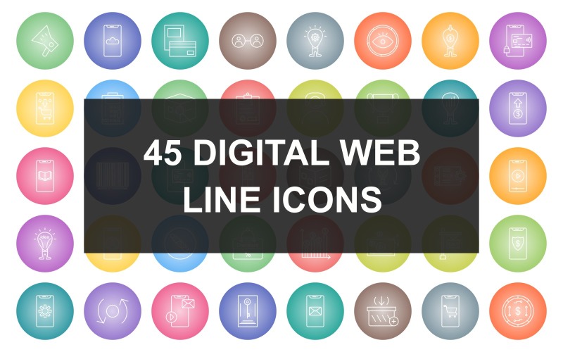 45 Digital Web Line Round Gradient Icon Set