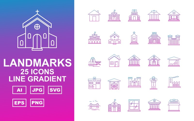 25 Premium Building & Landmarks Line Gradient Pack Icon Set