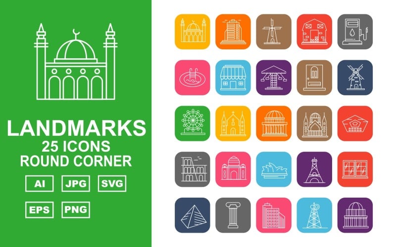 25 Premium Building & Landmarks Round Corner Pack Iconset Icon Set