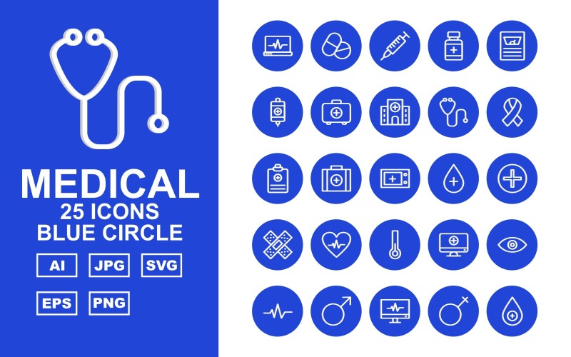 25 Premium Medical Blue Circle Pack Icon Set