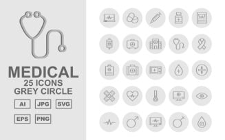 25 Premium Medical Grey Circle Pack Icon Set