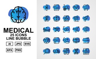 25 Premium Medical Line Bubble Pack Icon Set
