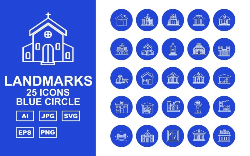 25 Premium Building & Landmarks Blue Circle Iconset Icon Set