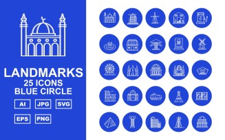 25 Premium Building & Landmarks Blue Circle Pack Iconset