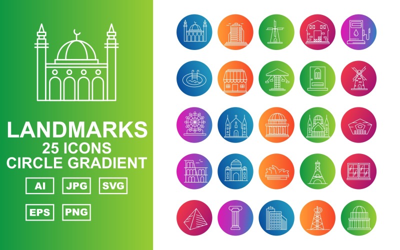 25 Premium Building & Landmarks Circle Gradient Pack Iconset Icon Set