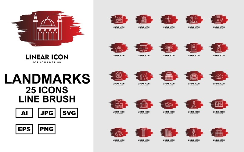 25 Premium Building & Landmarks Line Brush Pack Iconset Icon Set