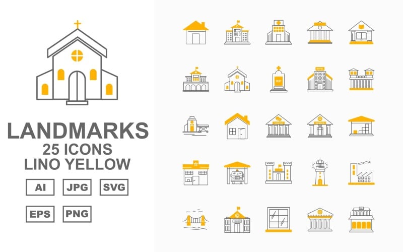 25 Premium Building & Landmarks Lino Yellow Iconset Icon Set