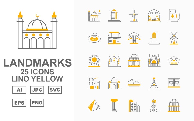 25 Premium Building & Landmarks Lino Yellow Pack Iconset Icon Set
