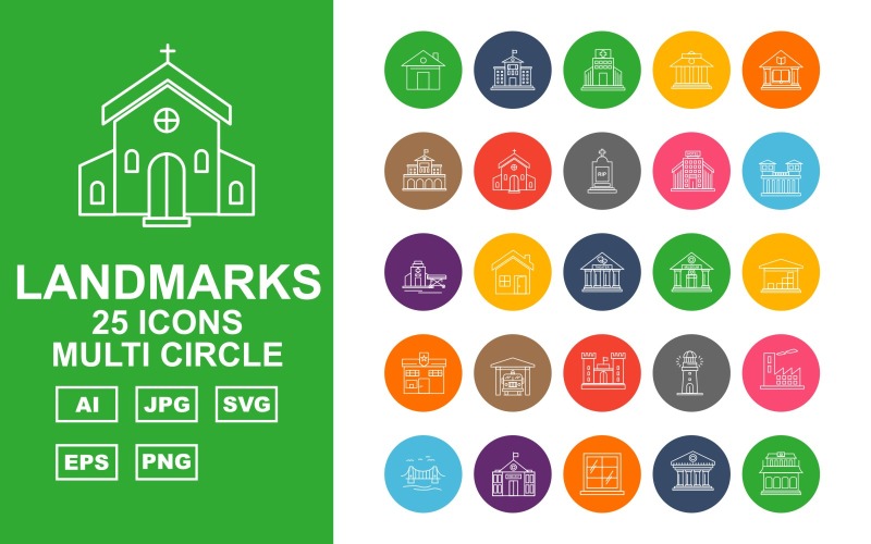 25 Premium Building & Landmarks Multi Circle Iconset Icon Set