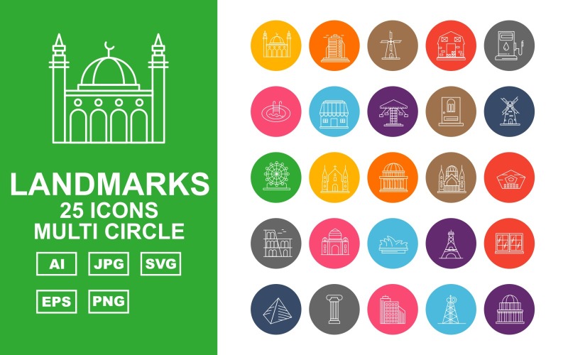 25 Premium Building & Landmarks Multi Circle Pack Iconset Icon Set