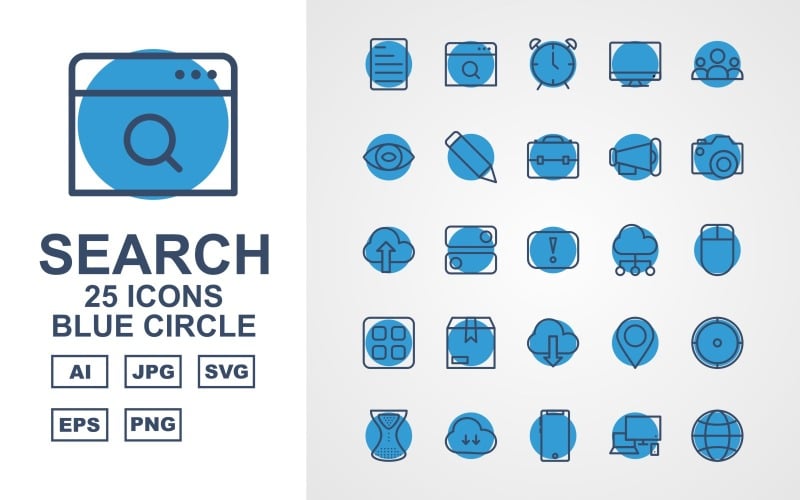 25 Premium Search Engine Optimization (SEO) Blue Circle Pack Iconset Icon Set