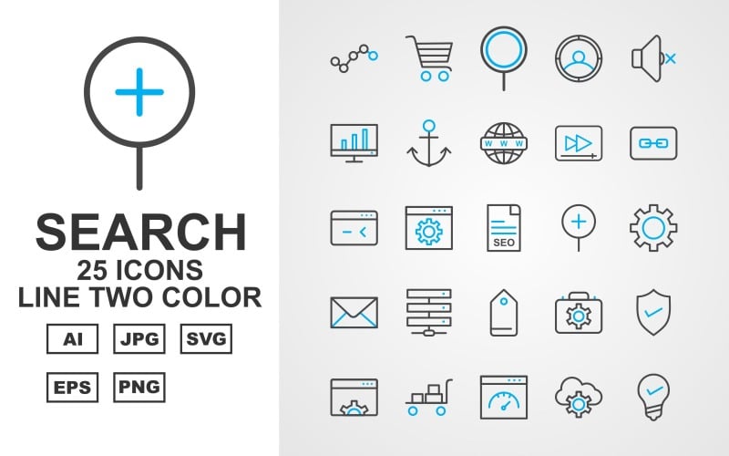 25 Premium Search Engine Optimization (SEO) Line Two Color Iconset Icon Set