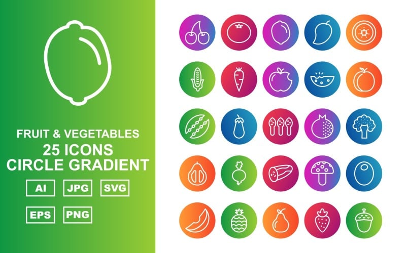 25 Premium Fruit & Vegetables Circle Gradient Iconset Icon Set