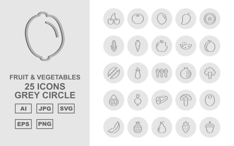 25 Premium Fruit & Vegetables Grey Circle Iconset Icon Set