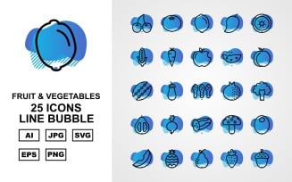 25 Premium Fruit & Vegetables Line Bubble Iconset