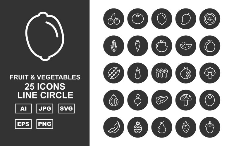 25 Premium Fruit & Vegetables Line Circle Iconset Icon Set