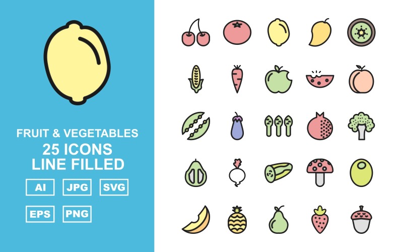 25 Premium Fruit & Vegetables Line Filled Iconset Icon Set