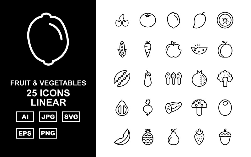 25 Premium Fruit & Vegetables Linear Iconset Icon Set