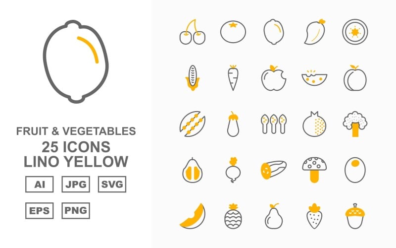 25 Premium Fruit & Vegetables Lino Yellow Iconset Icon Set