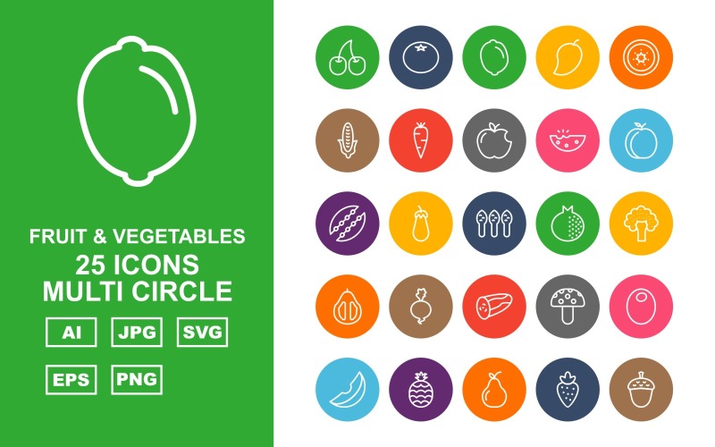 25 Premium Fruit & Vegetables Multi Circle Iconset Icon Set